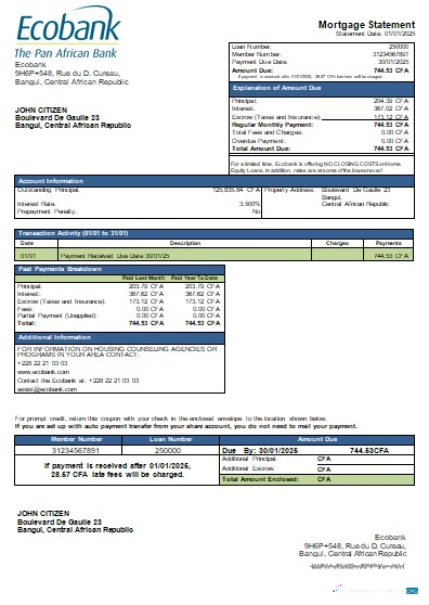 Download Central African Republic Ecobank bank mortgage statement scr Photoshop template